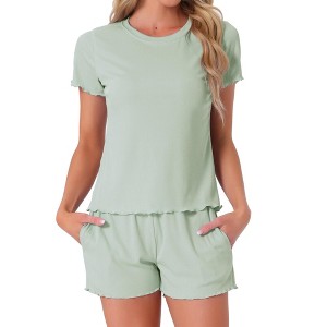 INSPIRE CHIC Women's Ribbed Knit Soft Short Sleeve Top and Shorts Ruffled Lounge Set Pajama Set with Pocket - 1 of 4