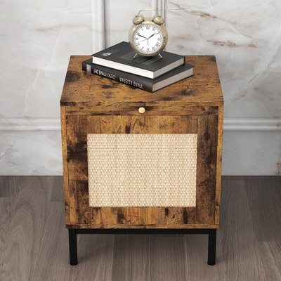 Rattan Nightstand with Tray - Classic Wood Grain Pattern Side Table