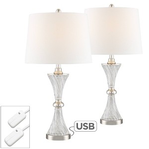 Regency Hill Luca Modern Table Lamps 25 1/2" High Set of 2 Clear Glass with USB Charging Ports Dimmers White Fabric Drum Shade for Bedroom House Desk - 1 of 4