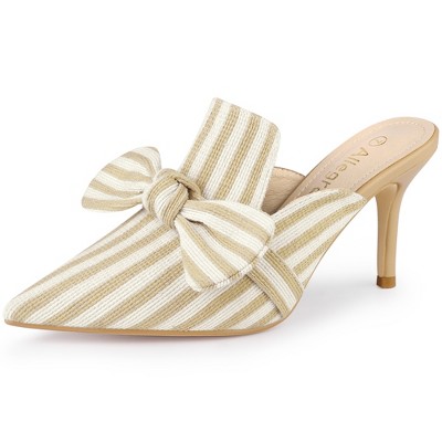 Allegra K Women's Pointed Toe Stripe Bow Slip-on Stiletto Heel Slides Mules