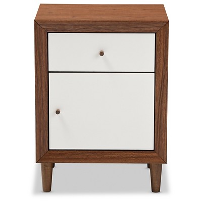 Scandinavian Mid-Century Modern White & Walnut 1-Drawer Nightstand