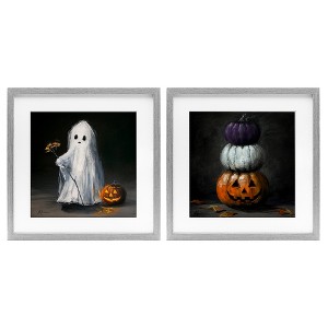 Stupell Industries Vintage Halloween Ghost & Pumpkin Stack 2pc Framed Print Under Glass Set - 1 of 4
