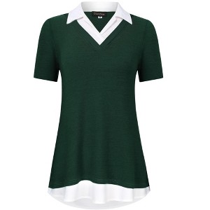 BLUEMING Womens Summer T-Shirts V Neck Faux Layering Shirts Color Block Polo Shirts Plaid Teacher Shirts - 1 of 3