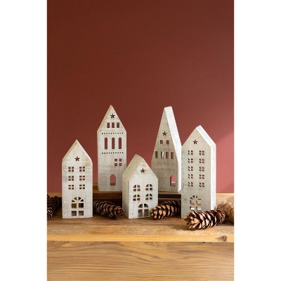 Whitewashed Wooden Village Houses – Set of 5 Rustic Wood Mantel Decor, Farmhouse Holiday Display (2 X Set of 5) by Kalalou