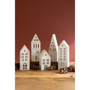 Whitewashed Wooden Village Houses – Set of 5 Rustic Wood Mantel Decor, Farmhouse Holiday Display (2 X Set of 5) by Kalalou - 1 of 3