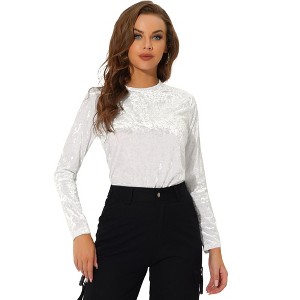 INSPIRE CHIC Women's Casual Vintage Velvet Crew Neck Long Sleeve T-shirts - 1 of 4