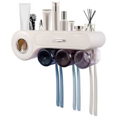 Toothbrush Holder and Dispenser, Toothbrush Holders Wall Mounted Shower, Large Capacity Tray, 6 Brush Slots 3 Cups 1 Cosmetic Drawer (White 3-Cup)