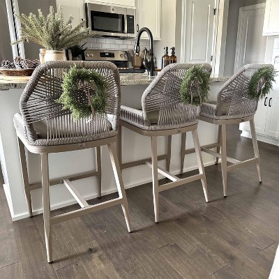 PURPLE LEAF Patio Sunbrella Bar Stools Set of 2 Handwoven Wicker Bar Height Stool Modern Aluminum Outdoor Wicker Barstools with Back and Cushion