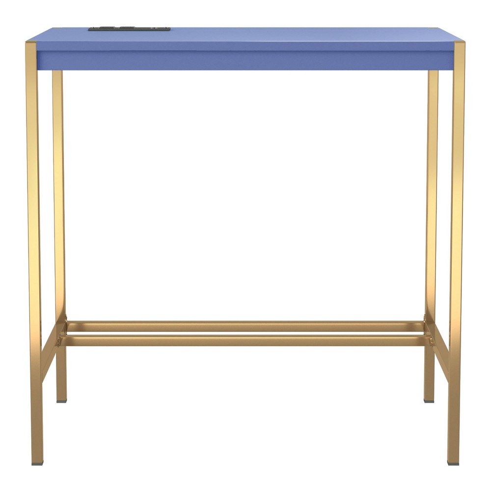24/7 Shop At Home Everbay Writing Desk with Power and USB Plug Blue/Gold: Sleek Home Office Furniture, Glossy Finish, Steel Frame