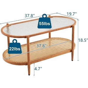 VINGLI Double-Layer Oval Ripple Glass and PE Rattan Tabletop Paired with Heat Transfer Wood Grain Iron Frame Coffee Table - 1 of 4