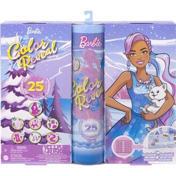 Barbie Color Reveal Advent Calendar, 1 Color Reveal Doll & 3 Pets, Clothes, Accessories & 2 Hair Extensions, 25 Surprises, Holiday Gifts for Kids
