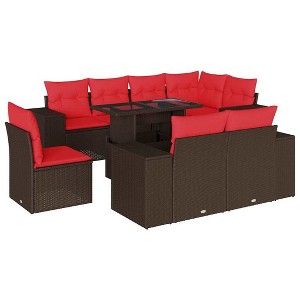 vidaXL Patio Sofa Set with Cushions Table and Couches 9 Piece Poly Rattan - Brown without storage - 1 of 4