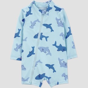 Carter's Just One You®️ Baby Boys' Long Sleeve Sharks Printed One Piece Rash Guard - Light Blue - 1 of 3