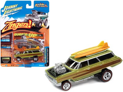 1964 Ford Country Squire Surfin' Lime Met. w/Woodgrain Panels and Surfboard on Roof 1/64 Diecast Model Car by Johnny Lightning