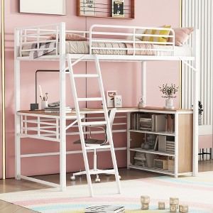 ALEXOUN Metal Loft Bed with Built-in Desk and Three Storage Shelves,Sturdy Bedframe with Full-Length Guardrails,for Kids' Bedroom,Dorm - 1 of 4