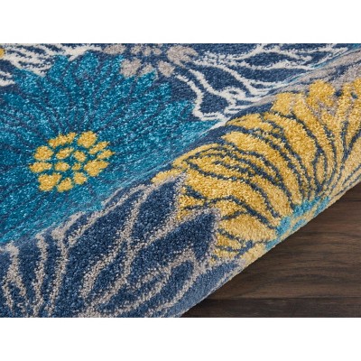 Blue and Yellow Floral Synthetic Easy Care Area Rug