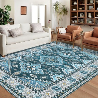 Blue Floral Chenille Washable Non-Slip 8' x 10' Area Rug