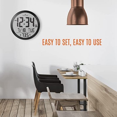 Marathon 15-Inch Black Aluminum Digital Wall Clock with Calendar and Temperature Display
