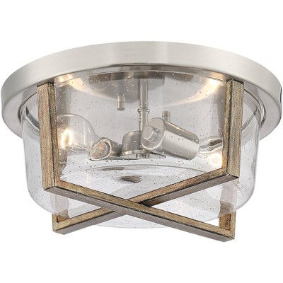 Possini Euro Design Rustic Ceiling Light Flush Mount Fixture Brushed Nickel Wood Grain 13" Wide Clear Seedy Glass Bedroom Kitchen