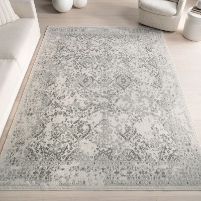 Odell Ivory and Gray Synthetic Square Area Rug, 4' x 4'