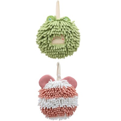 REGALWOVEN 2 Packs Chenille Fuzzy Cute Bear Shape Decorative Soft Absorbent Hanging Ball Hand Towels 7" x 7"