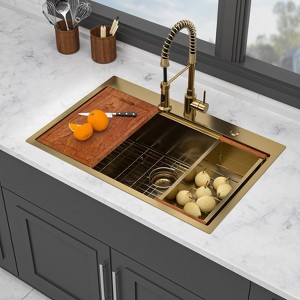 Gulches 33"x22" Drop-in Topmount Single Bowl Ledge Workstation Sink, 16G T304 Stainless Steel - 1 of 4