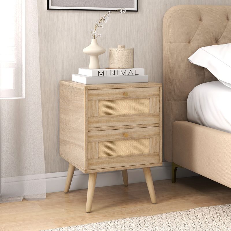 Costway 1/2 PCS Rattan Nightstand Boho Accent Bedside Table with 2 Storage Drawers Natural, 3 of 9