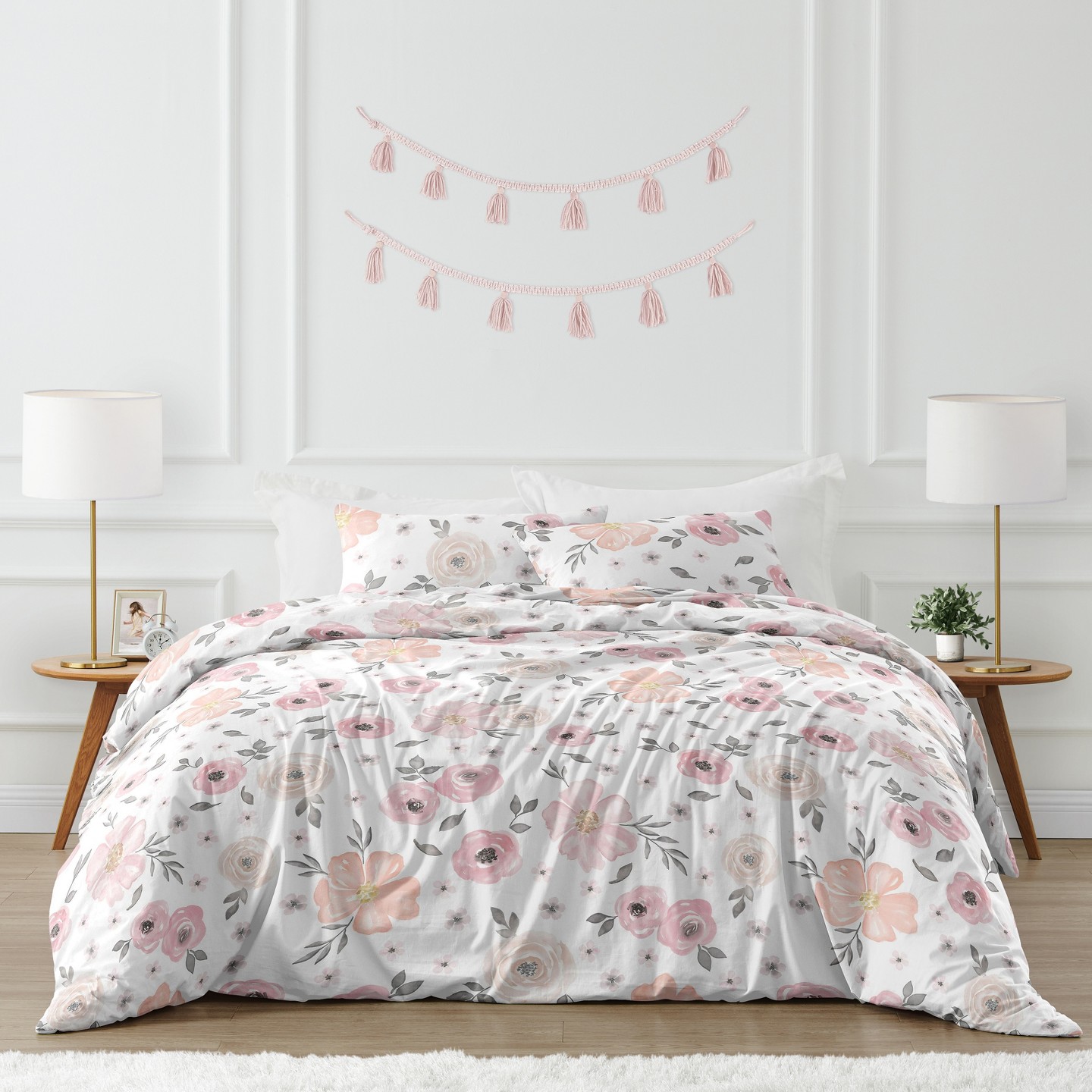 Постельное бельё Sweet Jojo Designs Full/Queen Comforter Bedding Set Watercolor Floral Pink and Grey 3pc. для девочек, цвет: С принтом — фото 1
