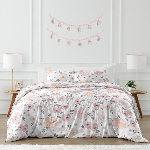 Sweet Jojo Designs Girl Full/Queen Comforter Bedding Set Watercolor Floral Pink and Grey 3pc.