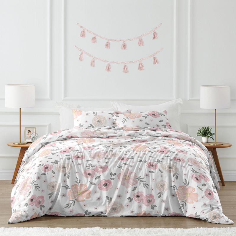 Sweet Jojo Designs Queen Duvet Cover and Shams Set Watercolor Floral Pink and Grey 3pc, 1 of 8