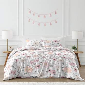 Sweet Jojo Designs Queen Duvet Cover and Shams Set Watercolor Floral Pink and Grey 3pc