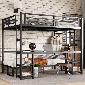 JUJABU Queen over Twin XL Metal Bunk Bed with Desk, Shelves and USB, Multiple Uses Folds into Sofa, Black - 1 of 4