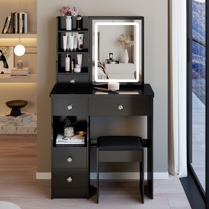 VYNXARIA 29.2" Small Size Left Drawer Desktop Vanity Table&Cushioned Stool, Large Sliding,High Capacity Storage, Suitable for Small Space£¬Black - 1 of 4