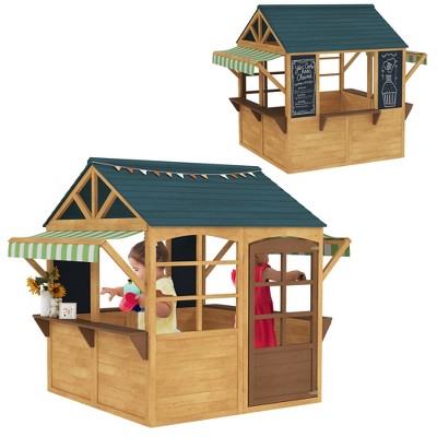 Qaba Outdoor Playhouse, Foldable Wooden Kids Cottage with Windows, Working Door, Snack Bars, Waterproof Covers, for Kids 3-8 Years, Brown