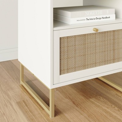 Mina White and Gold Rattan Wood End Table with Boho Storage