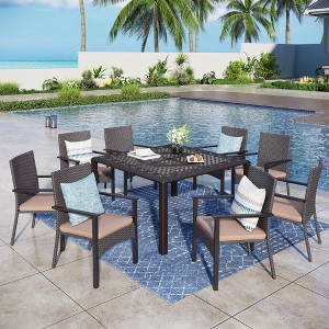 Captiva Designs Outdoor 9Pc Cast Aluminum Square Metal Dining Table & Beige Cushion Haiti  Rattan Chairs - 1 of 1