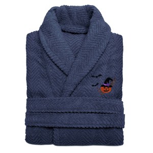 Linum Home Textiles 100% Turkish Cotton Unisex Herringbone Weave Embroidered Bathrobe - Pumpkin Head - 1 of 3