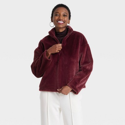 Women's Faux Fur Quarter Zip Sweatshirt - A New Day™ Burgundy S