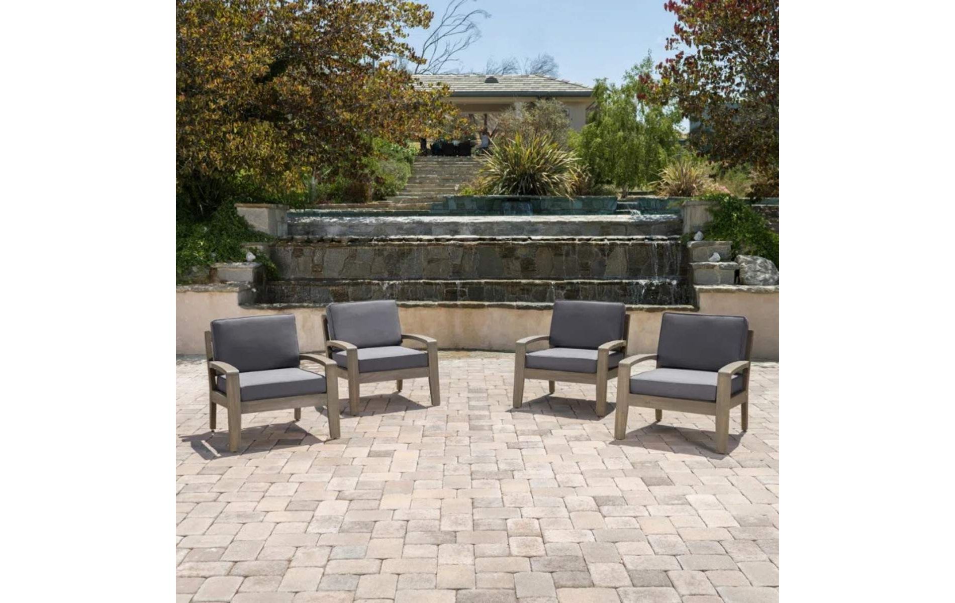 Outdoor Acacia Wood Patio Club Chairs Set of 4 with Gray Water-Resistant Cushions, Outdoor Chair with Slat Panel Design for Garden or Deck-Coolbibila