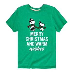 Boys' - Peanuts - Charlie Brown & Snoopy Merry Christmas Warm Wishes Short Sleeve Graphic T-Shirt - 1 of 4
