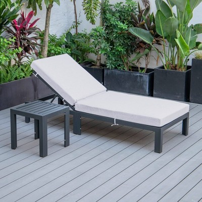 Chelsea Modern Black Aluminum Outdoor Chaise Lounge Chair with Light Grey Cushions and Side Table