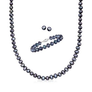 Ross-Simons 7-7.5mm Black Cultured Pearl Jewelry Set: Necklace, Bracelet and Stud Earrings With Sterling Silver Size 18 - 1 of 4
