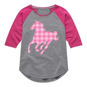 Girls' - Instant Message - Pink Gingham Horse Shirt Tail Raglan Graphic T-shirt - 1 of 4