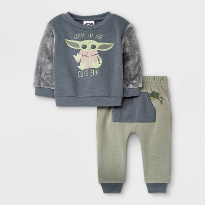 Image of Baby Boys' 2pc Star Wars Baby Yoda Fur-Backed Fleece Pullover and Jogger Set - Olive Green 6-9M