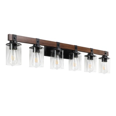 DAKAFUL Industrial Bathroom Vanity Light,Vanity Fixture with Walnut Pole &Clear Glass Shade,3/4/5-Light Wall light for Mirror, Bathroom, Bathtub Area