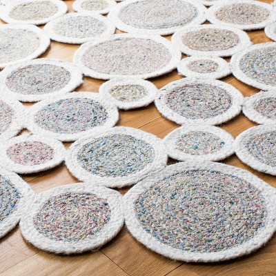 Ivory and Multicolor Hand-Knotted Round Synthetic Rug