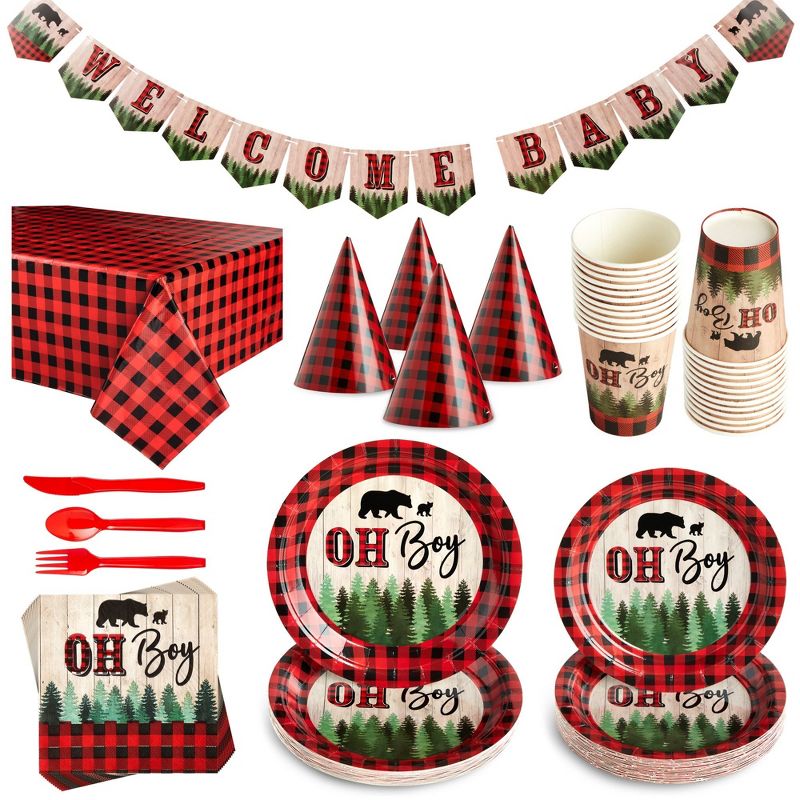 Sparkle and Bash 194-Piece Lumberjack Oh Boy Baby Shower Decorations - Buffalo Plaid Party Supplies, Serves 24, 1 of 10