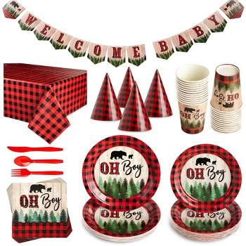 Sparkle and Bash 194-Piece Lumberjack Oh Boy Baby Shower Decorations - Buffalo Plaid Party Supplies, Serves 24