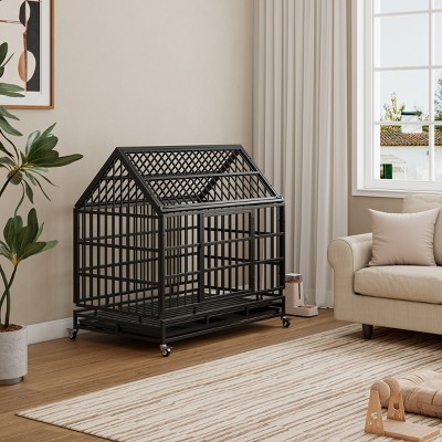 48'' Heavy Duty  Dog Crate with Wheels and Folding Metal Pet Kennel Cage with Pointed Roof for Large and Medium Dogs - LAOTIES