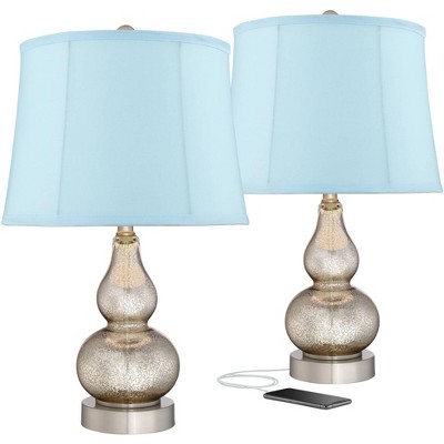 360 Lighting Country Cottage Table Lamps Set of 2 with USB Charging Port Mercury Glass Blue Softback Drum Shade for Living Room